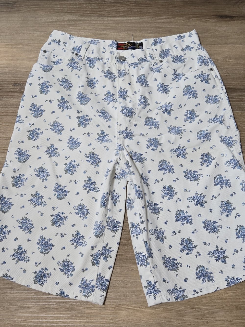 Vintage White Jean Shorts with Blue Floral Print